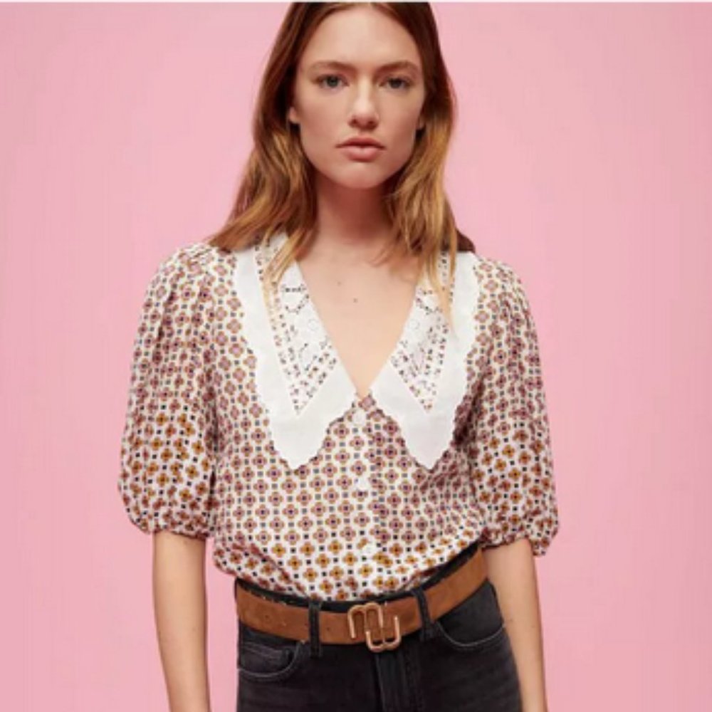 Maje Cosange Guipure Lace-Trimmed Printed Linen Blouse